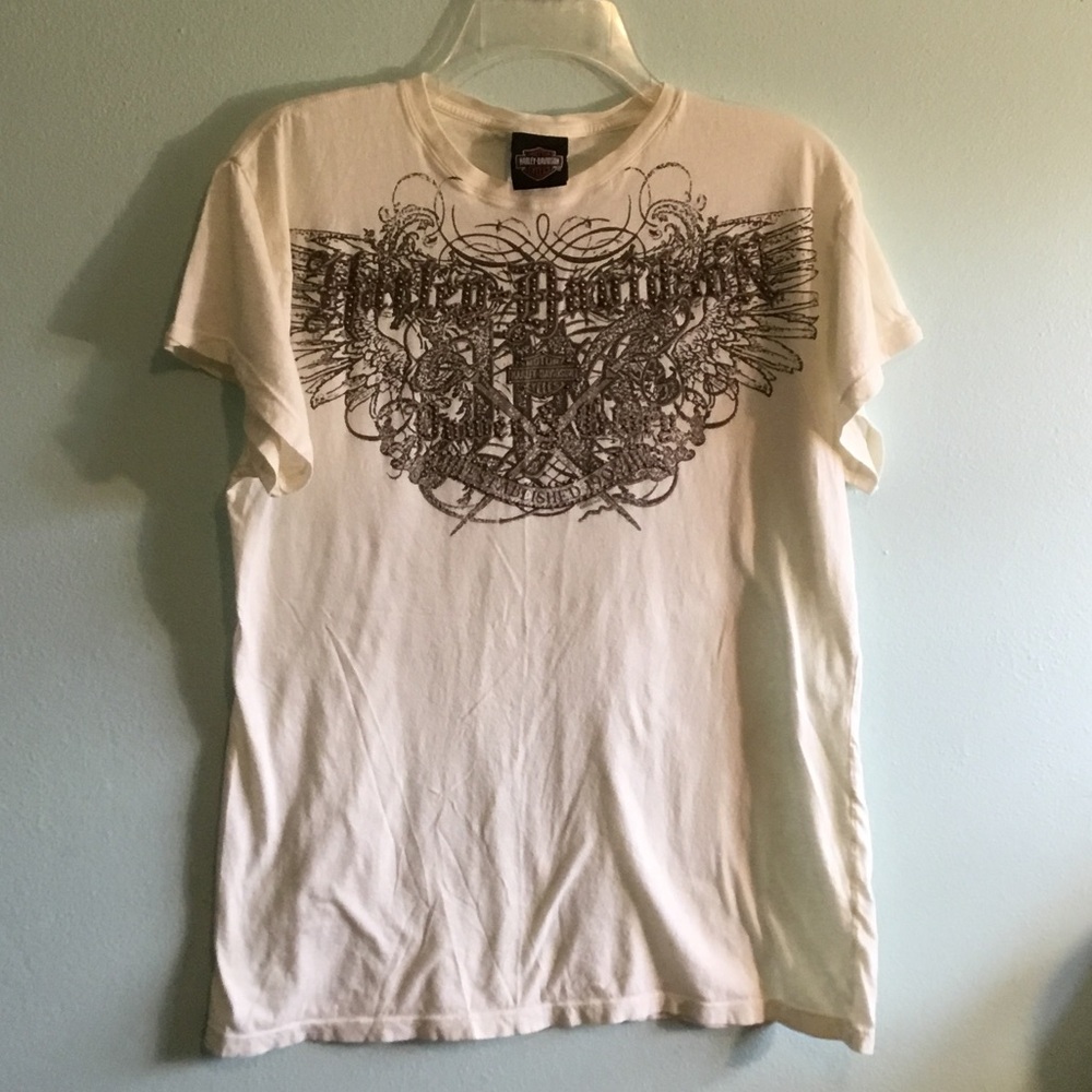 Harley-Davidson White Tee with Black and Orange Shield Logo